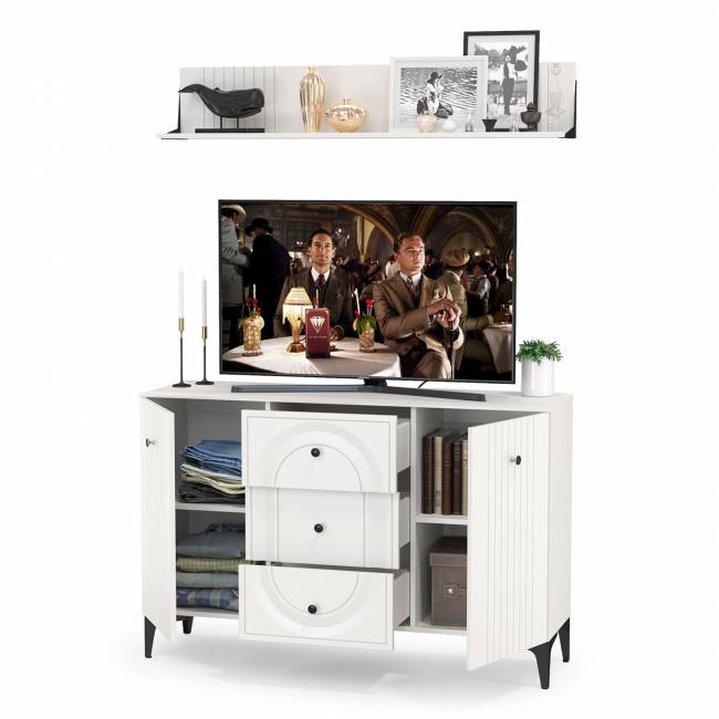 Комод-ТВ-тумба Валенсия 13.309 с навесной полкой цвет белый шагрень Комод-ТВ-тумба Валенсия 13.309 с навесной полкой цвет белый шагрень