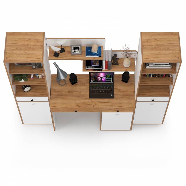 Компьютерный стол с двумя полками и двумя пеналами Вуди цвет белый премиум/дуб крафт золотой Компьютерный стол с двумя полками и двумя пеналами Вуди цвет белый премиум/дуб крафт золотой