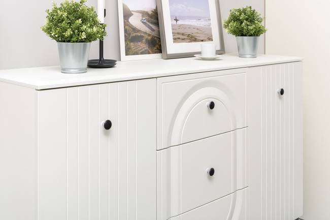 Пенал со стеклом и комод-ТВ-тумба Валенсия цвет белый шагрень