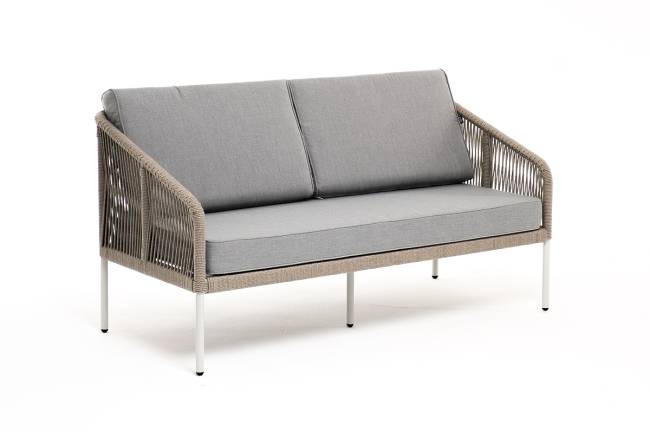 "Канны" диван 2-местный плетеный из роупа, каркас алюминий светло-серый (RAL7035) шагрень, роуп серый меланж круглый, ткань светло-серая "Канны" диван 2-местный плетеный из роупа, каркас алюминий светло-серый (RAL7035) шагрень, роуп серый меланж круглый, ткань светло-серая