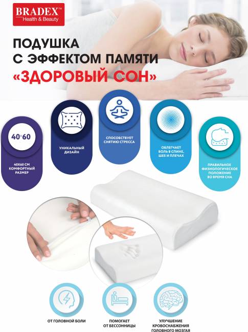 Подушка с эффектом памяти "ЗДОРОВЫЙ СОН", 40х60 см