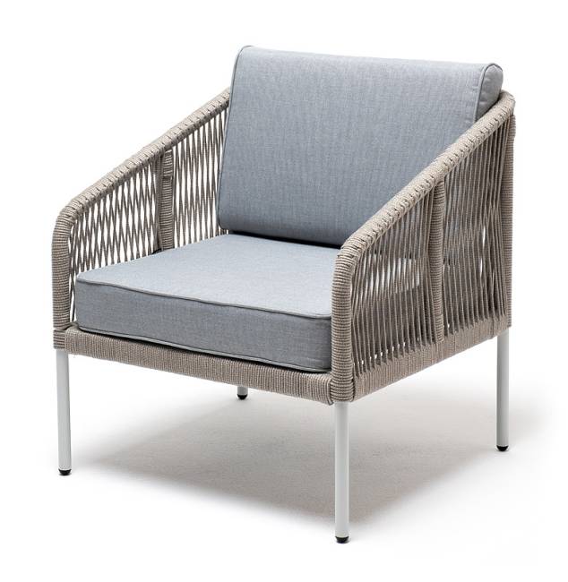 "Канны" кресло плетеное из роупа, каркас алюминий светло-серый (RAL7035) муар, роуп серый меланж круглый, ткань светло-серая "Канны" кресло плетеное из роупа, каркас алюминий светло-серый (RAL7035) муар, роуп серый меланж круглый, ткань светло-серая