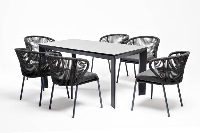 "Венето" обеденная группа на 6 персон со стульями "Милан", каркас темно-серый, роуп темно-серый