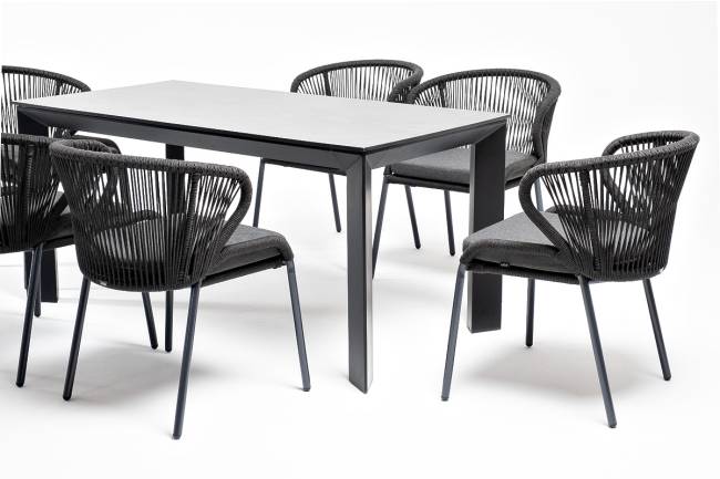 "Венето" обеденная группа на 6 персон со стульями "Милан", каркас темно-серый, роуп темно-серый