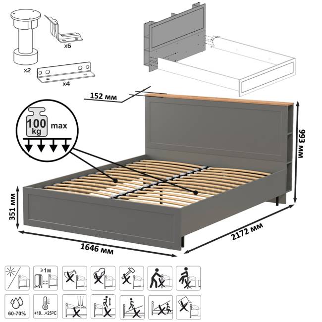 Двуспальная кровать Остин 1600 с ортопедическим основанием цвет серый графит/дуб крафт золотой