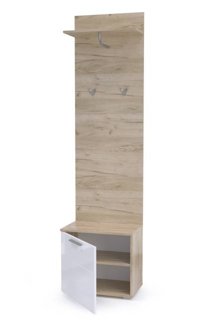 Тумба для обуви с вешалкой Лайн цвет дуб крафт серый/фасады МДФ белый глянец Тумба для обуви с вешалкой Лайн цвет дуб крафт серый/фасады МДФ белый глянец