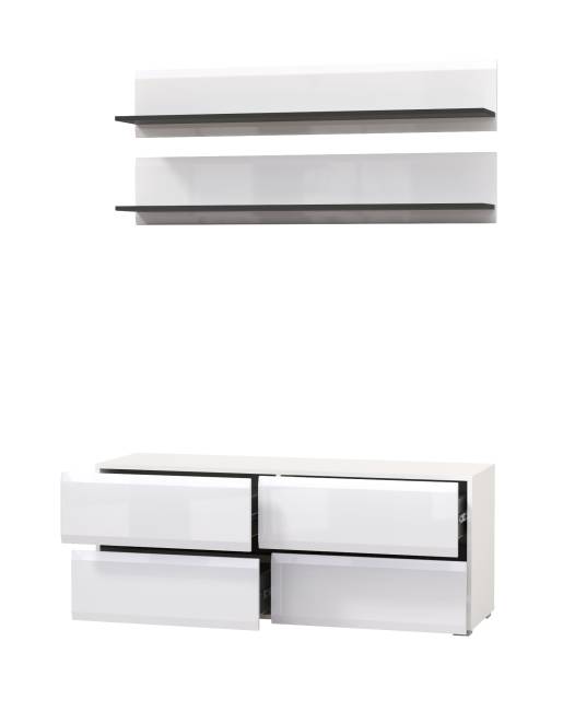 Две открытых полочки с тумбой для аппаратуры Сидней цвет белый/чёрный/МДФ белый глянец