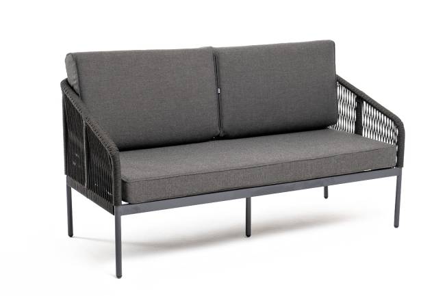 "Канны" диван 2-местный плетеный из роупа, каркас алюминий темно-серый (RAL7024) муар, роуп темно-серый круглый, ткань темно-серая 027 "Канны" диван 2-местный плетеный из роупа, каркас алюминий темно-серый (RAL7024) муар, роуп темно-серый круглый, ткань темно-серая 027