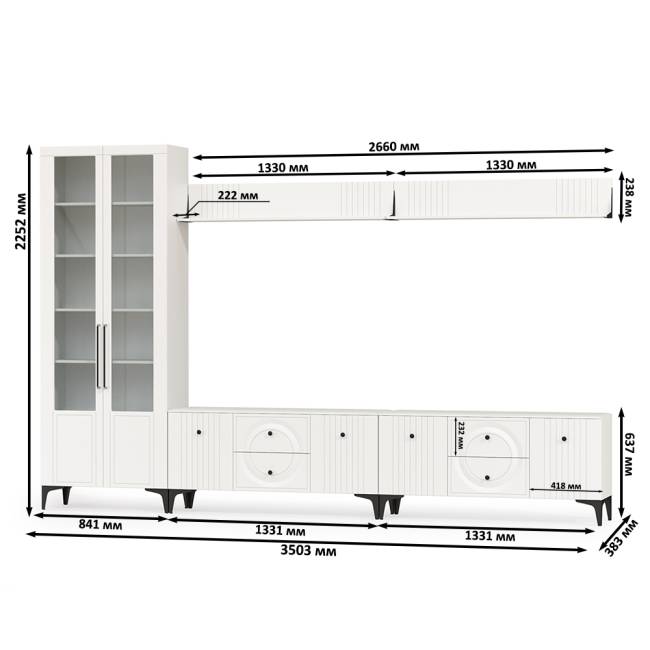 Две навесных полки с ТВ-тумбами и сервантом Валенсия цвет белый шагрень